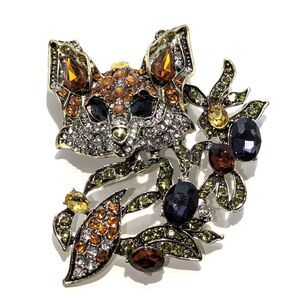 Bold Brown Fox Rhinestone Brooch